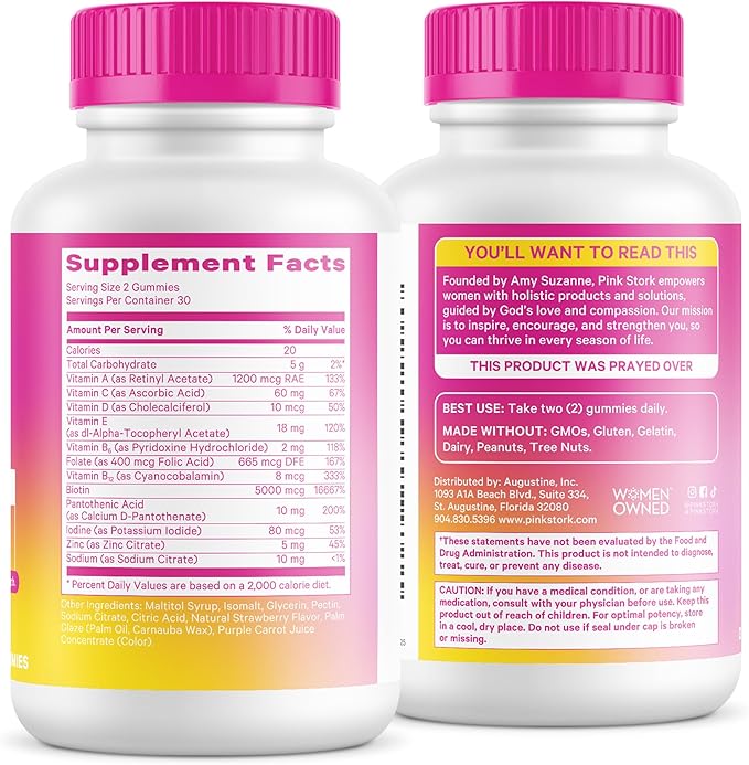 Pink Stork Total Glow Gummies for Women – Hair Skin &amp Nails Vitamin with Biotin Vitamin A B6 B12 Folate Zinc &amp More – Support for Radiant Skin Strong Nails and Healthy Hair – 60 Berry
