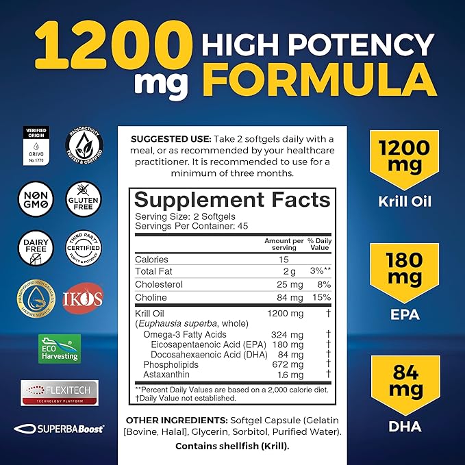 Viva Naturals Antarctic Krill Oil 1200 mg – Omega-3 DHA &amp EPA with Astaxanthin for Joint Health No Fish Burp 90 Softgels