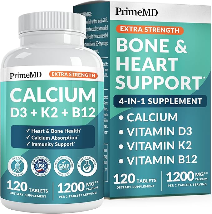 4-in-1 Calcium 1200 mg with Vitamin D3 K2 - Extra Strength Calcium Supplements for Women &amp Men with D3 K2 Vitamin 5000 IU - Everyday Vitality Supplement - Vegan-Friendly Gluten-Free Non-GMO (120