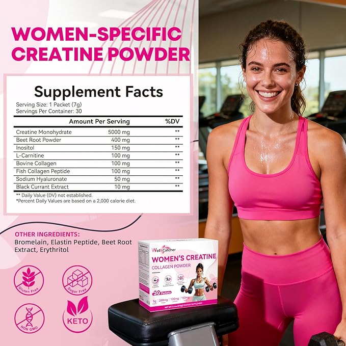 Women‘s Creatine Powder Travel Packets: Creatine Monohydrate Collagen Packs for Pre Workout Muscle Growth &amp Recovery Skin Elasticity Energy Metabolism with Inositol Beet Root Raspberry Flavor 30 P