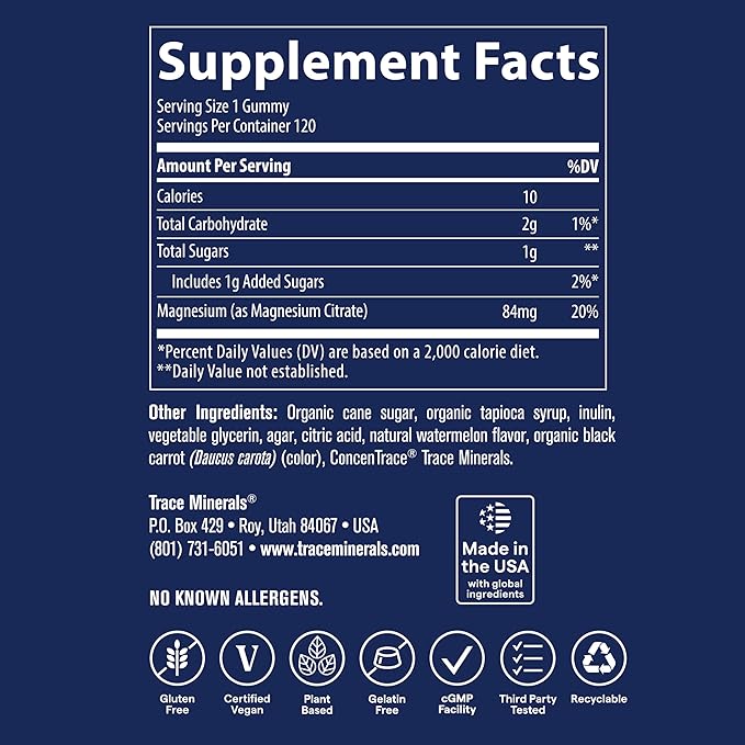 Trace Minerals Magnesium Gummies - Supports a Calm Mindset - Magnesium Chewables for Kids &amp Adults - Bone Digestion Heart Health &amp Immune Support - Watermelon Flavor - 120 Count (120 Serving