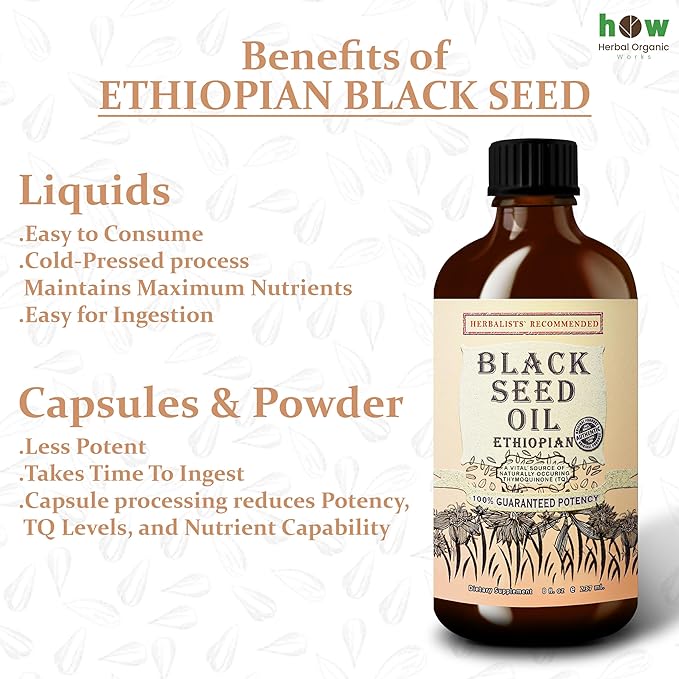 Ethiopian Black Seed Oil 8oz – Cold Pressed Nigella Sativa | High Thymoquinone 3.45% Black Cumin Seed Oil | 100% Pure Unrefined Liquid | Immune Skin Hair &amp Digestive Support | Glass Bottle
