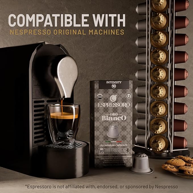ESPRESSORO 100 USDA Organic Espresso Pods - BIANCO Aluminum Capsule Compatible with Nespresso Original Lines Machines. Intensity 10 Premium Italian Expresso Coffee Capsules