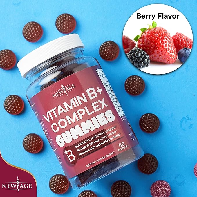 NEW AGE Vitamin B Complex Gummies with Vitamin B3 B5 B6 B7 B9 &amp B12 – with Biotin Folic Acid &amp Vitamin C – Gluten-Free Vegan Made in The USA! (60 Count (Pack of 1))