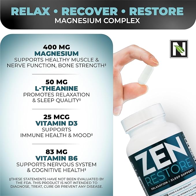 Nutrology Zen Restore – 400mg Magnesium Malate Vitamin D3 &amp L-Theanine Supports Sleep Muscle Recovery &amp Adrenal Wellness Magnesium Supplement for Men and Women 30 Servings