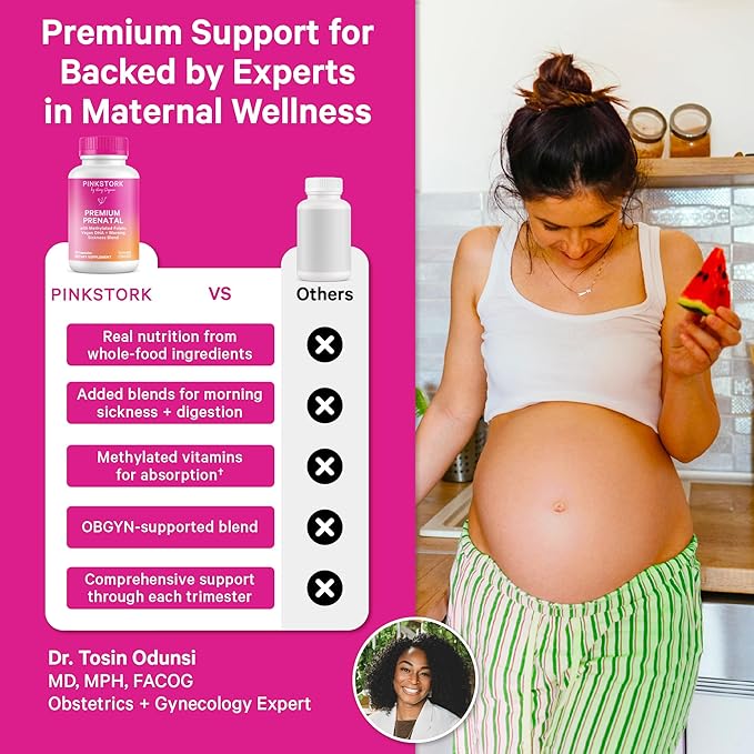 Pink Stork Premium Prenatal Vitamins for Women | Methylated Folate Choline Iron Vegan DHA | Doctor-Formulated Prenatal Vitamin | Organic Whole-Foods &amp Probiotic | Gentle on Stomach 60 Count