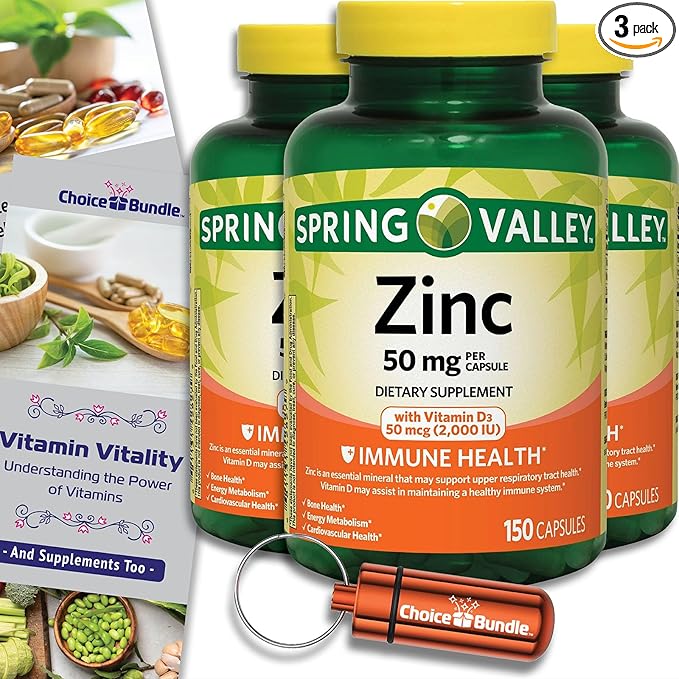 Spring Valley Zinc 50 mg with Vitamin D 50 mcg 150 Ct Immune Health Dietary Supplement Capsules 3 pk (450 Total) + Vitamin Vitality &amp Pill Container (5 Items)!
