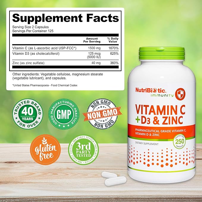 NutriBiotic – Vitamin C + Vitamin D3 &amp Zinc 250 Capsules | Potent Comprehensive Immune Support | Essential &amp Antioxidant Daily Supplement | Gluten &amp GMO Free