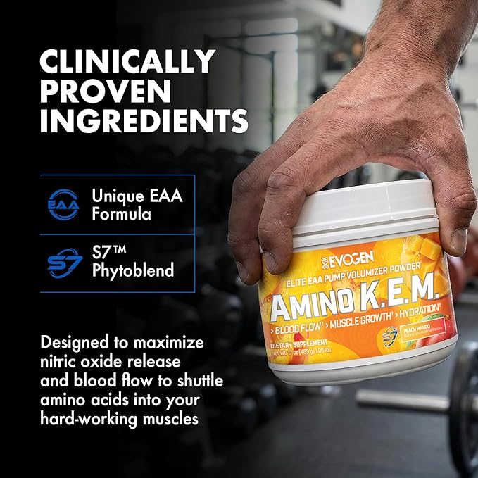 Evogen Amino K.E.M. - EAA &amp BCAA Powder Pump Volumizer | BCAAs Amino Acids Supplement for Blood Flow Muscle Growth &amp Hydration | Peach Mango | 30 Servings
