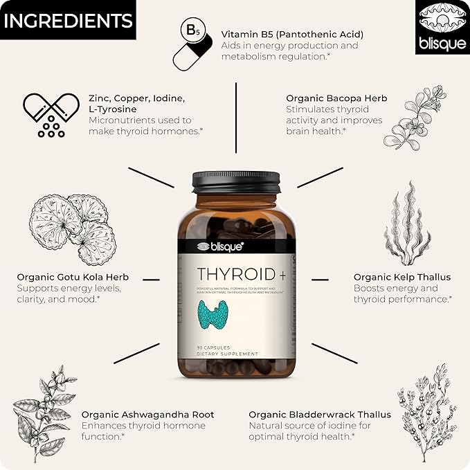 Blisque – Thyroid Support Supplement Complex for Metabolism Boost and Increased Energy Clarity and Focus | Doctor-Approved | with Iodine Ashwagandha Zinc L-Tyrosine | 90 Capsules