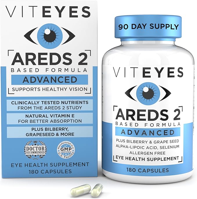 Viteyes AREDS 2 Advanced Eye Vitamins Macular Support with Bilberry grapeseed FLORAGLO Lutein Selenium Natural Vitamin E Allergen Free Vision Protection Eye Doctor Trusted 180 Count
