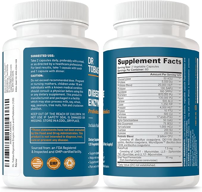 Dr. Tobias Digestive Enzymes with Probiotics Prebiotics and Postbiotics Bromelain Amylase Lipase for Better Digestion &amp Immune Function 120 Capsules 60 Servings (2 Daily)