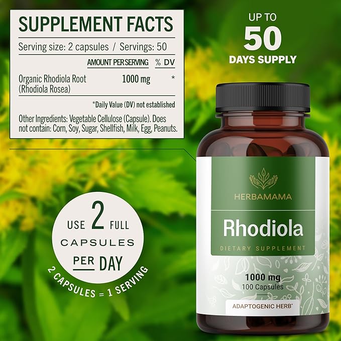 HERBAMAMA Rhodiola Rosea Capsules – Natural Menopause Supplements* for Women – 1000mg Rhodiola Rosea Root Powder per Serving for Women's Relaxation Support – Vegan Non-GMO – 50-Day Supply