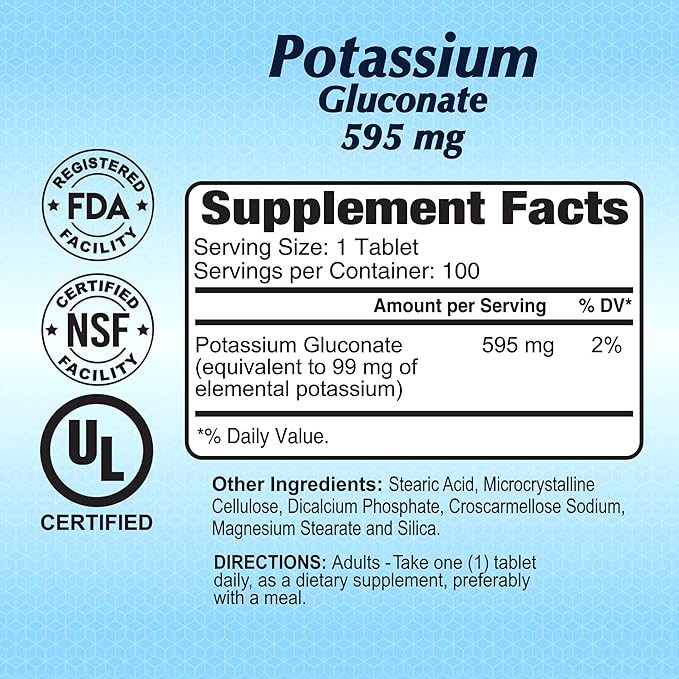Potassium Gluconate 595 Mg by Alfa Vitamins - Supports Heart Function &amp Promotes Muscle acitvity - 100 Tablets