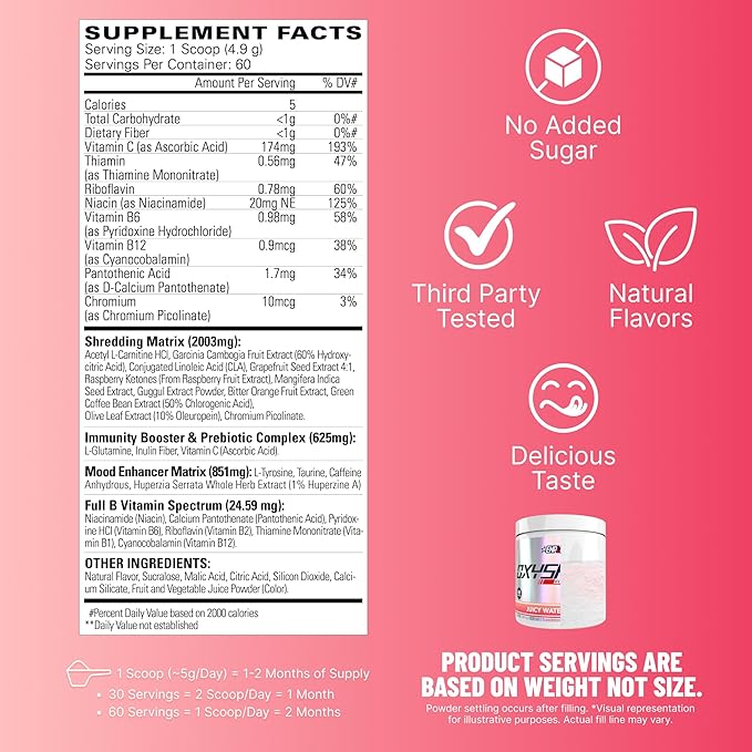 EHP Labs OxyShred Pre Workout Powder - Preworkout Powder with L Glutamine &amp Acetyl L Carnitine Energy Boost Drink - Juicy Watermelon 60 Servings