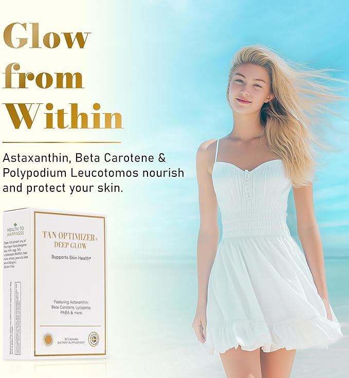 Tan Optimizer Deep Glow – Beauty-from-Within Skin Supplement with Astaxanthin Beta-Carotene &amp Antioxidants – 30 Capsules