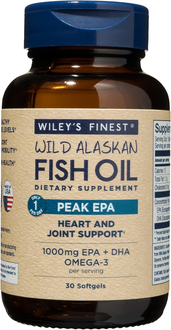 Wiley's Finest Wild Alaskan Fish Oil Peak EPA - Triple Strength Peak EPA &amp DHA Supplement - 1000mg Fish Oil - Omega-3s for Joint Health Support - 30 Softgels (30 Servings)
