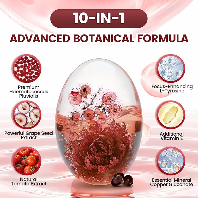 10 in 1 Astaxanthin Supplements 24mg 8 Month Supply Astaxantina Antioxidant from Haematococcus Pluvialis Contains Lycopene Grape Seed Vitamin E &amp More Supports Eye Joints Skin Health 2 Ba