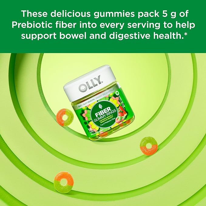 OLLY Fiber Gummy Rings 5g Prebiotic Fiber FOS (Fructo-oligosaccharides) &amp Multi + Probiotic Adult Multivitamin Gummy 1 Billion CFUs Digestive and Immune Support C