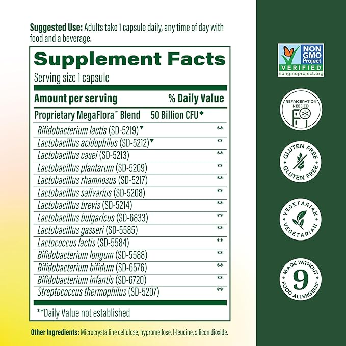 MegaFood MegaFlora Probiotic Plus - Probiotics for Women and Men Digestive Health- 50 Billion CFUs &amp 14 Strains - Immune Support Supplement - Vegetarian - 30 Capsules