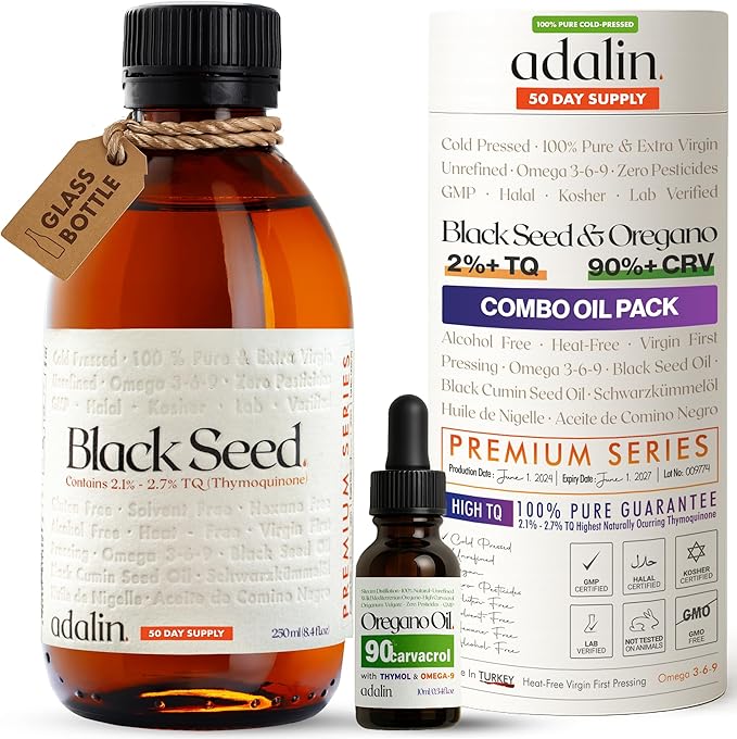 adalin Black Seed Oil Organic Cold Pressed 8.4 fl oz with Travel Size Oil of Oregano 0.34 fl oz | Black Cumin Seed | Nigella Sativa | High Thymoquinone &amp Carvacrol | Glass Bottle | Gluten Free