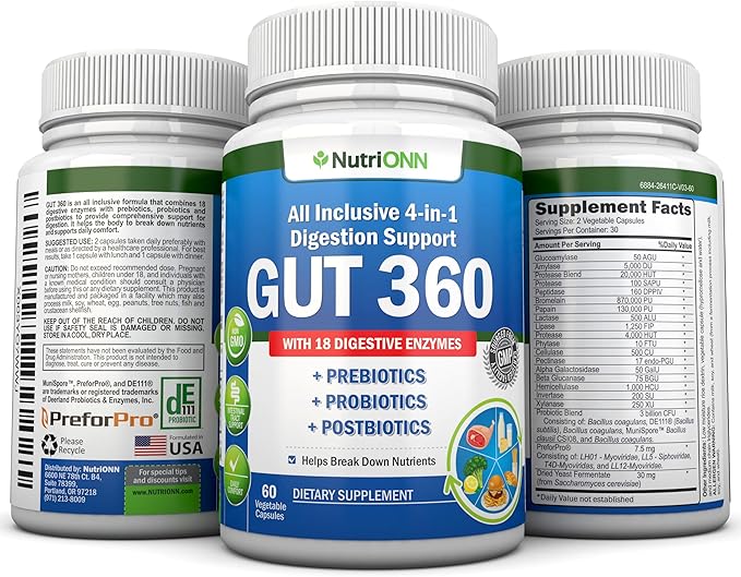 4-in-1 Probiotics Prebiotics &amp Postbiotics with 18 Digestive Enzymes for Women &amp Men - Complete Gut &amp Digestive Support Supplement - Bloating Relief and Enzymes for Digestion - Non GMO -