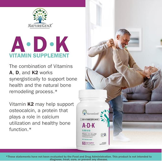 NatureGenX ADK Vitamin Supplement – Vitamins A D3 &amp K2 MK-7 for Bone Health &amp Calcium Absorption – Gluten-Free Non-GMO Soy-Free – 120 Capsules 2-Pack (4-Month Supply)