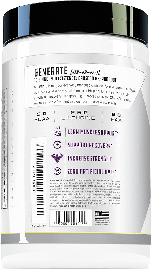 Cutler Nutrition Generate EAA and BCAA Powder: Best Branched Chain Amino Acids Supplement with Essential Amino Acids 5g BCAAs 2g EAAs for Lean Muscle Mass | Sour Lemonade 30 Servings