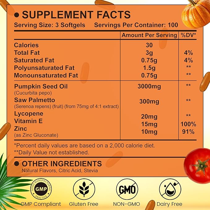 Pumpkin Seed Oil Complex 3000mg with Saw Palmetto Lycopene Zinc &amp Vitamin E – GMP Compliant Cold-Pressed Non-GMO 300 Softgels Daily Wellness &amp Antioxidant Support
