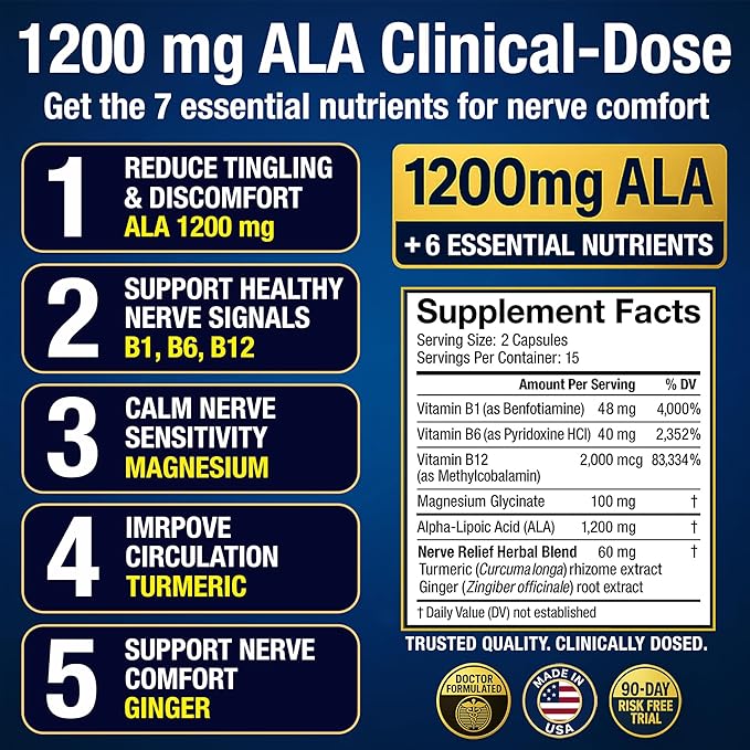Neuropathy Support Supplement with 1200 mg Alpha Lipoic Acid to Fortify Nerves in Fingers Hands Toes &amp Feet – 1200mg ALA Vitamins B12 B6 &amp B1 Magnesium – 30 Capsules