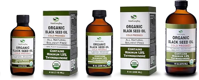 HalalEveryDay Organic Black Seed Oil - USDA Certified Cold Pressed Glass Bottle Over 1.5% 3X Thymoquinone Turkish Black Cumin Nigella Sativa Non-GMO 100% Pure Blackseed Oil (16oz Glass)