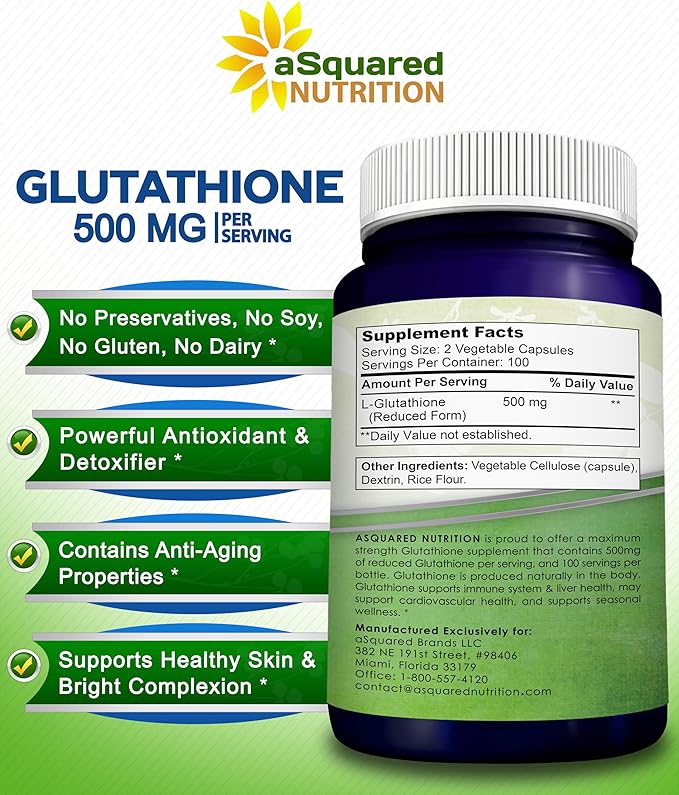 aSquared Nutrition Reduced Glutathione 500mg Per Serving Supplement -200 Capsules -L-Glutathione Antioxidant to Support Liver Health &amp Detox - Max Strength Powder Pills to Help Immune &amp Brain