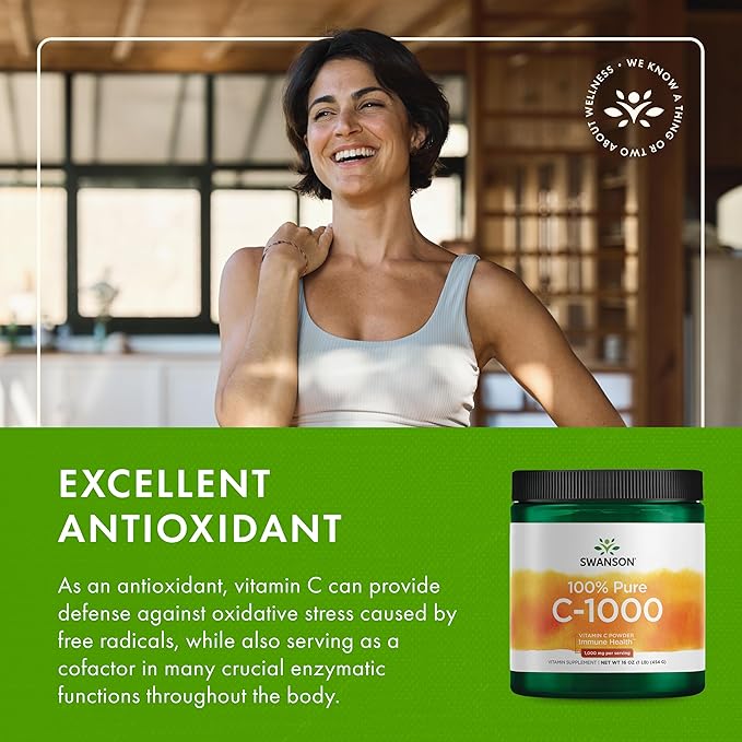 Swanson Vitamin C Powder 100% Pure Ascorbic Acid Immune System Support Skin Health Cardiovascular Health Antioxidant Supplement 1000 mg (per Serving) 1 lb. 454 g
