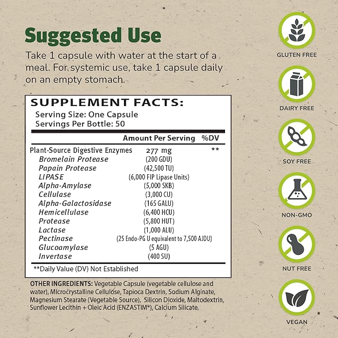 Master Supplements Enzalase - 50 Capsules - Probiotic Compatible Enzymes - Provides Digestive Boost + Gas &amp Bloating Relief - Gluten Free - 50 Servings