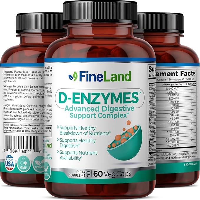 FineLand D-ENZYMES Advanced Digestive Support Complex Breakdown of Nutrients Digestion Hemicellulose Peptidase 60 Capsules/ 60 Servings