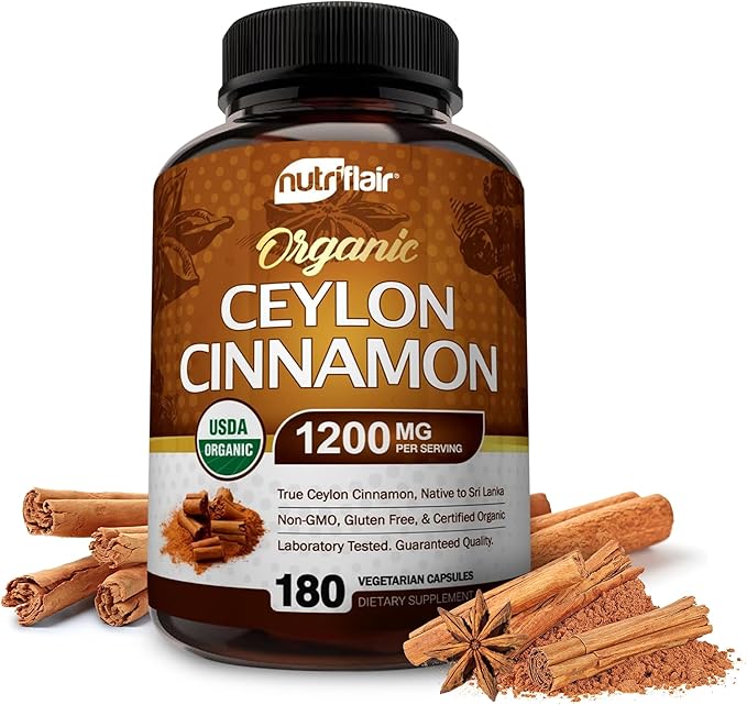 NutriFlair Organic Ceylon Cinnamon (100% Certified Organic Ceylon Cinnamon) 1200mg per Serving 180 Capsules - Joints Inflammatory Antioxidant