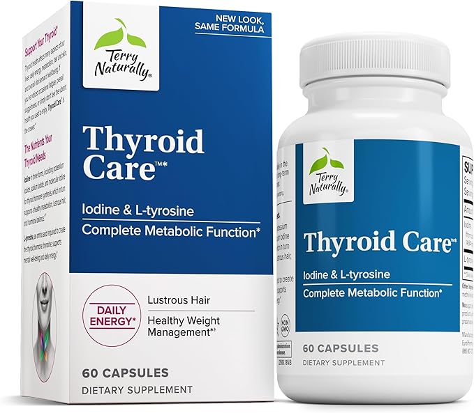 Terry Naturally Thyroid Care - Immune Health &amp Energy Support Formula - Nutritional Supplement with Iodine for Thyroid Health Support - Wellness Supplement with L-Tyrosine - 60 Capsules
