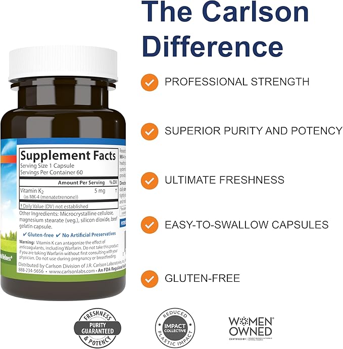 Carlson - Vitamin K2 MK-4 (Menatetrenone) Vitamin K Supplement Bone &amp Heart Health K2 Vitamin Soy-free 60 capsules