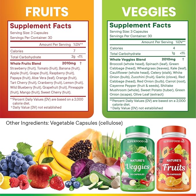 Superfood 180 Fruit and 180 Veggie Capsules - Whole Food Natural Superfoods - Maintain Energy Levels with Beta Carotene - Soy Free (90 Count (Pack of 4)