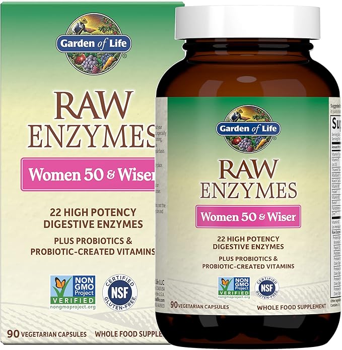 Garden of Life 22 Digestive Enzymes for Women 50 &amp Over with Bromelain Papain &amp Lactase plus Probiotics &amp Vitamins B12 Biotin &amp Zinc – RAW Enzymes – Non-GMO Gluten-Free Vegetarian