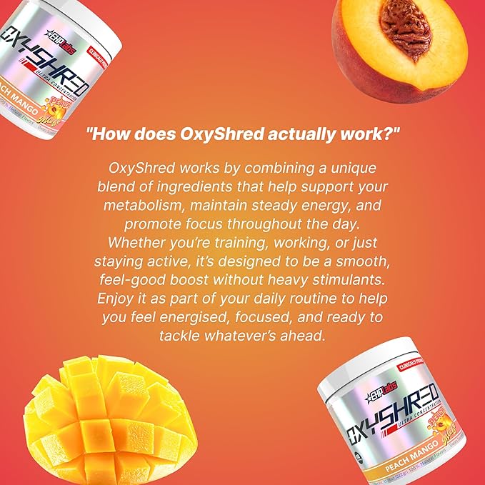 EHP Labs OxyShred Pre Workout Powder - Preworkout Powder with L Glutamine &amp Acetyl L Carnitine Energy Boost Drink - Peach Mango 60 Servings