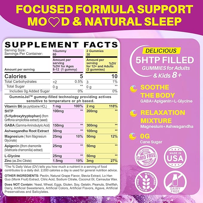 5HTP Gummies for Adults &amp Kids 8+ Melatonin Free Gummies with Magnesium Glycinate GABA L-Glycine Ashwagandha Vitamin B6 for Delicious Zzzs Brain &amp Muscle Relaxation 0 Sugar 60 Count (Pa