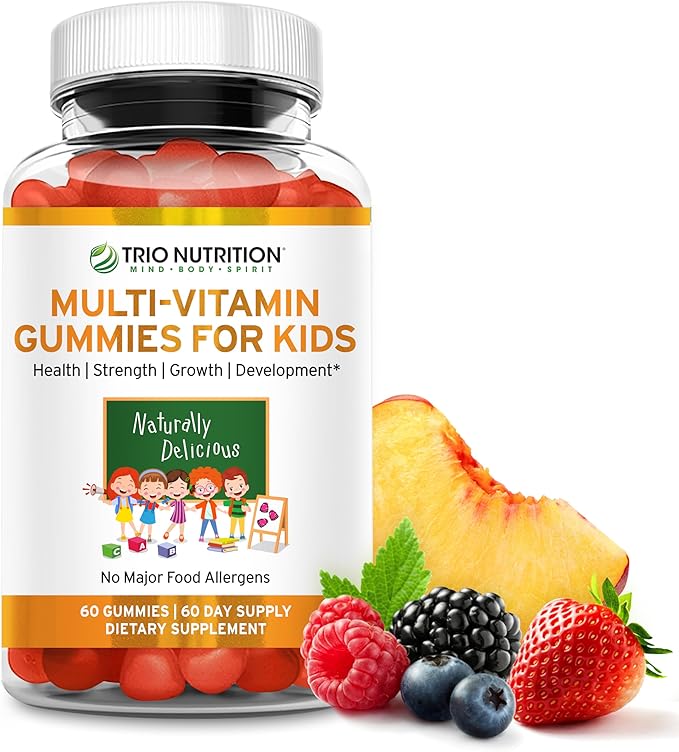 TRIO NUTRITION Premium Kids Multivitamin Gummies with Vitamin C &amp Zinc for Immune &amp Energy Support | Complete Daily Essential Vitamins to Grow Up Strong| Pectin Animal-Free Allergen-Free*