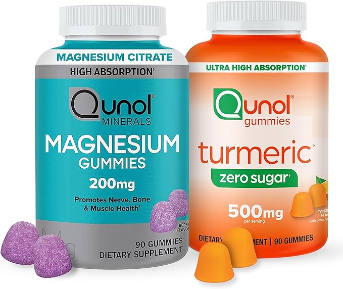 Qunol Zero Sugar Turmeric Gummies Vegetarian Gluten Free 500mg + Qunol Magnesium Gummies 200mg Vegetarian 90 Count