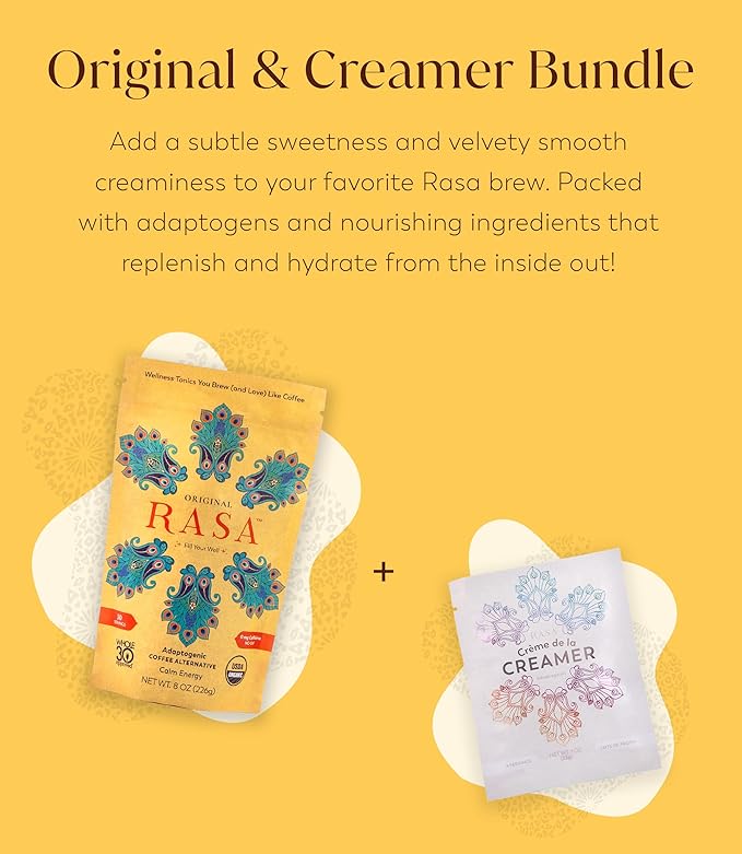 RASA Original Adaptogenic Coffee Alternative &amp Crème de la Creamer Bundle | Ayurveda Mushroom Wellness Tonic &amp Adaptogen Powdered Non-Dairy Creamer with MCT Oil — Vegan Whole 30 Keto (30 Ser