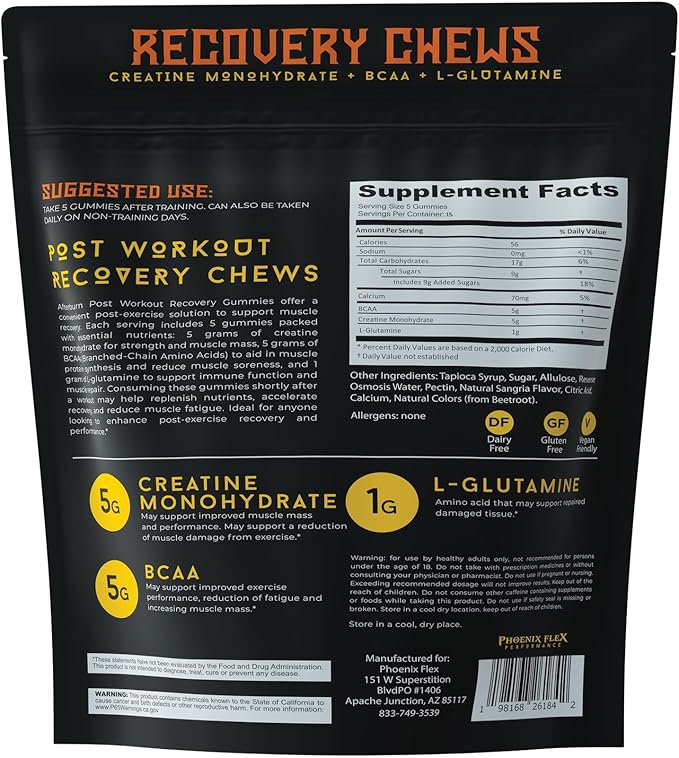 After Burn Creatine Monohydrate Chews - BCAAs &amp L-Glutamine - Gummies - Pre/Post Workout Recovery for Men &amp Women - Strength Energy Endurance - Muscle Growth - Immune Function
