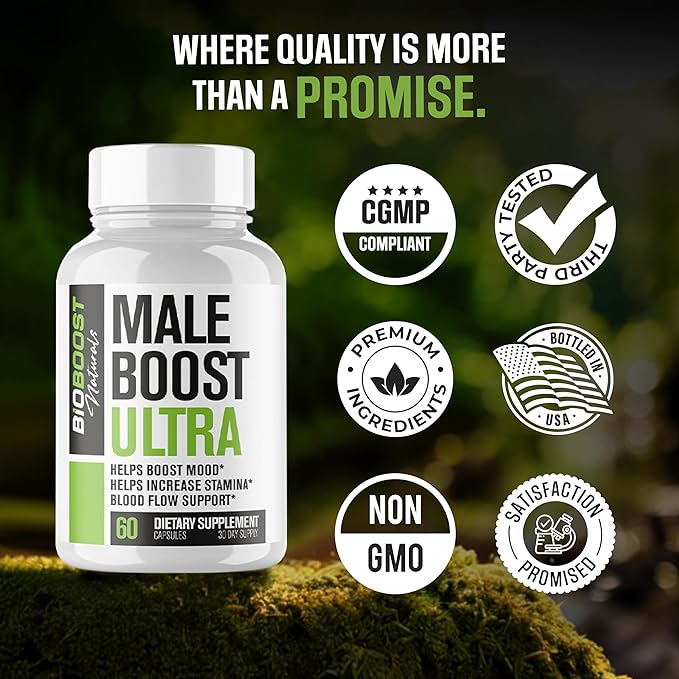 Male Boost Ultra - The Ultimate Male Supplement - Fast Acting Blood Flow Support - Gain Muscle Strength Stamina - Overall Test Level Support - HornyGoatWeed + 8 More - 60 Capsules