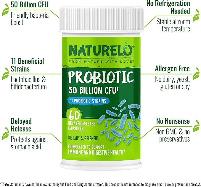 NATURELO Probiotics for Digestive Health 50 Billion CFU 60 Vegetarian Capsules 11 Strains Daily Use Supplement Delayed Release No-Fridge Boosts Immune System Probiotics for Women &amp Men