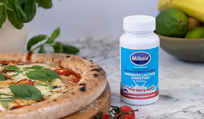 Milkaid Lactase Enzyme Drops Tablets for Lactose Intolerance Relief | Prevents Gas Bloating &amp Diarrhea | Dairy Digestive Supplement | 0.5 Fl Oz &amp 120 Raspberry Flavored Tablets