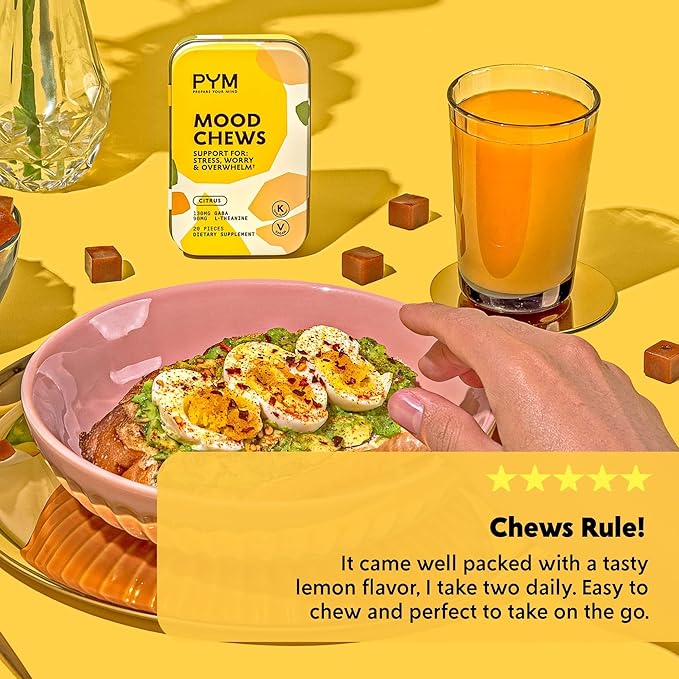 PYM Citrus Mood Chews Support for Stress Worry &amp Overwhelm 60 Count | 130mg GABA 90mg L-Theanine | Vegan Non-GMO Gluten-Free No Added Sugar | All-Natural Mood Balance Supplement Made in USA